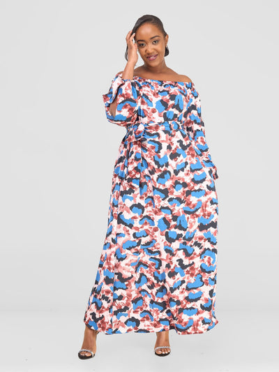 Vivo Yumi Off Shoulder Maxi Dress - Blue / Pink Print - Shopzetu