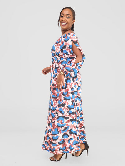 Vivo Yumi Off Shoulder Maxi Dress - Blue / Pink Print - Shopzetu