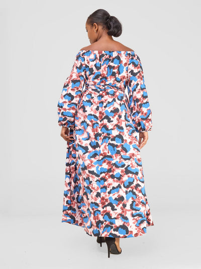 Vivo Yumi Off Shoulder Maxi Dress - Blue / Pink Print - Shopzetu