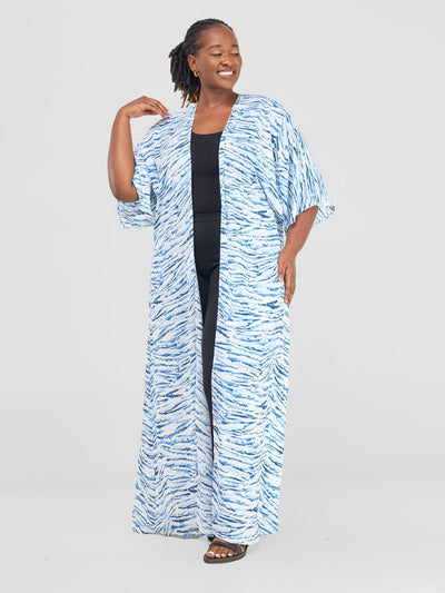 Vivo Alek 3/4 Sleeve A - Line Maxi Kimono - Blue / White print - Shopzetu