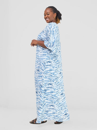 Vivo Alek 3/4 Sleeve A - Line Maxi Kimono - Blue / White print - Shopzetu