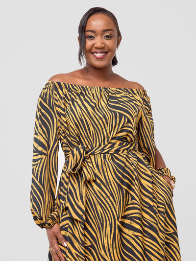 Vivo Zahari Off - Shoulder Maxi Dress - Yellow / Black Print - Shopzetu