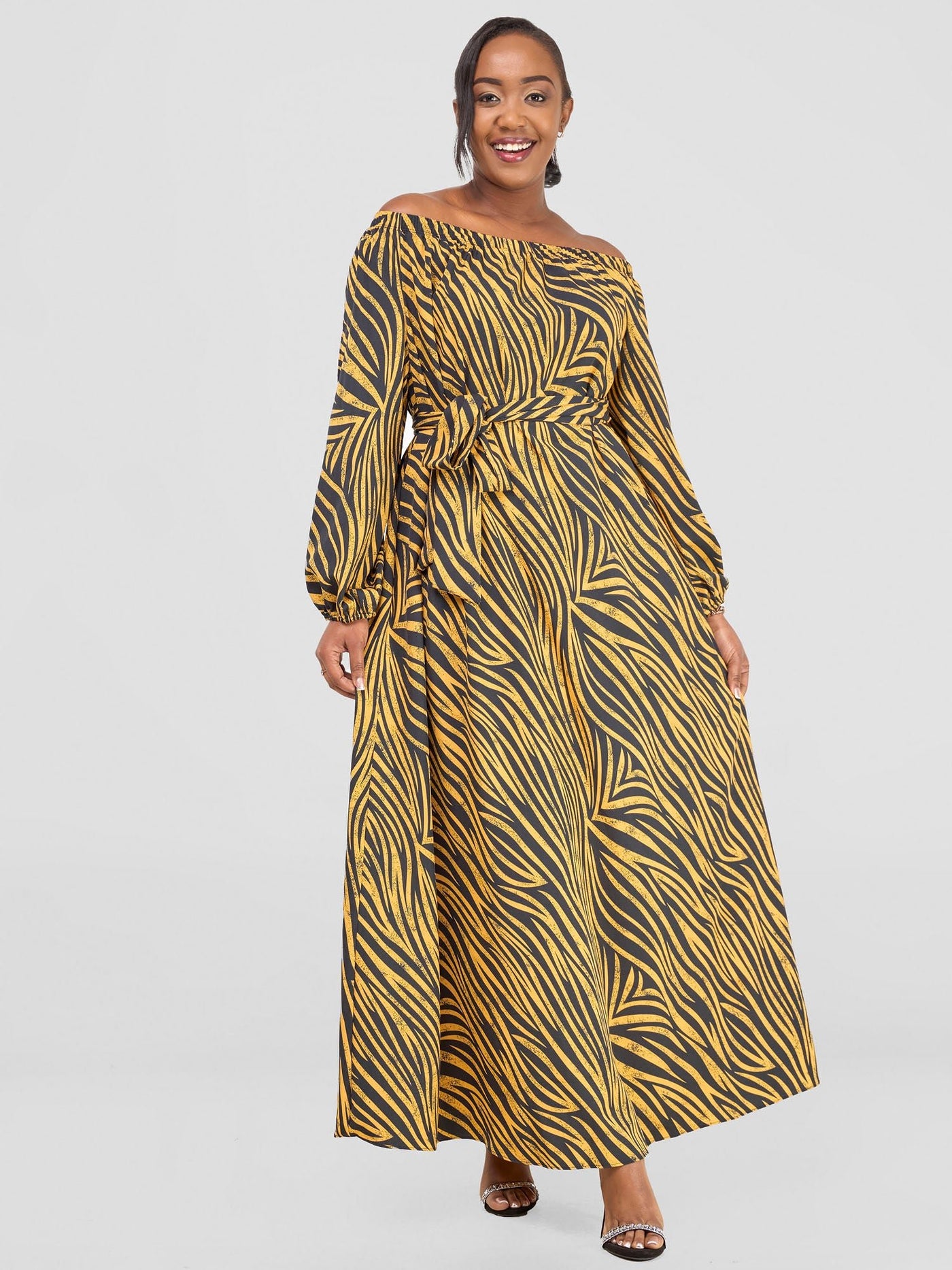 Vivo Zahari Off - Shoulder Maxi Dress - Yellow / Black Print - Shopzetu