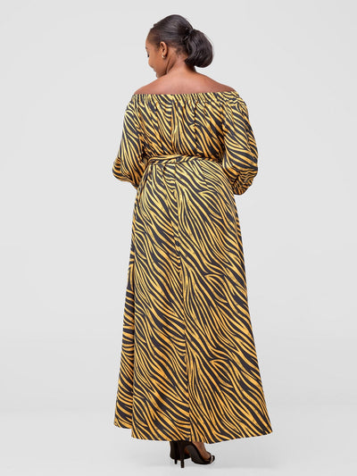 Vivo Zahari Off - Shoulder Maxi Dress - Yellow / Black Print - Shopzetu