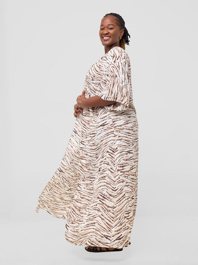 Vivo Alek 3/4 Sleeve A - Line Maxi Kimono - Brown / White print - Shopzetu