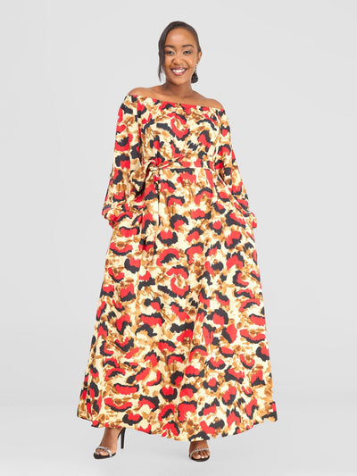 Vivo Yumi Off Shoulder Maxi Dress - Red / Black Print - Shopzetu