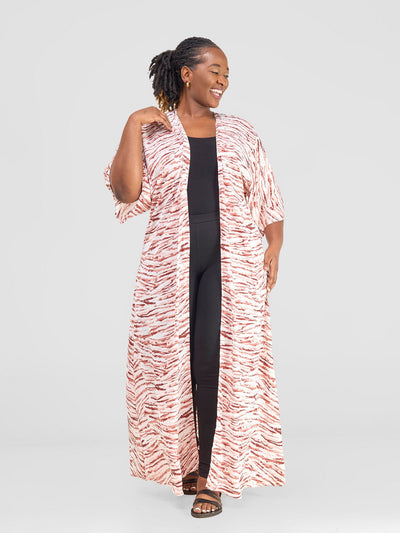 Vivo Alek 3/4 Sleeve A - Line Maxi Kimono - Peach / White print - Shopzetu