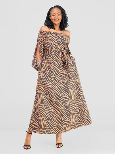 Vivo Yumi Off Shoulder Maxi Dress - Orange / Black Print - Shopzetu