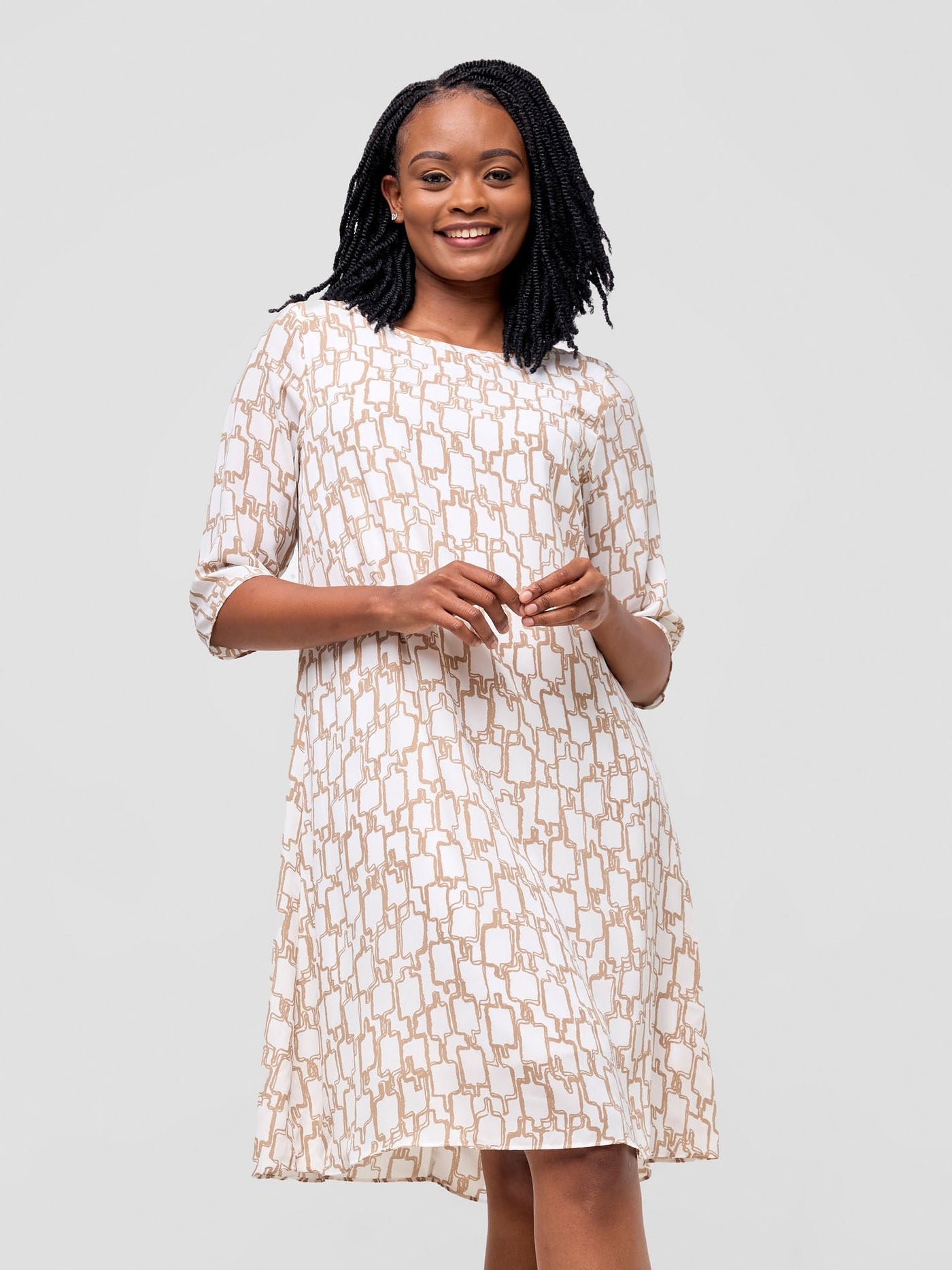 Vivo Ayo Tent Dress - White / Taupe Print - Shopzetu