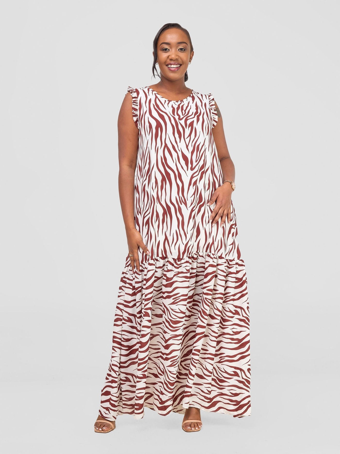 Vivo Ava Tent Flounce Maxi Dress - Maroon / White Print - Shopzetu