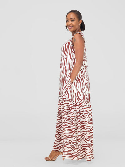 Vivo Ava Tent Flounce Maxi Dress - Maroon / White Print - Shopzetu