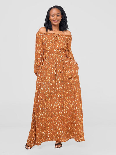 Vivo Zahari Off - Shoulder Maxi Dress - Rust / Black Print - Shopzetu