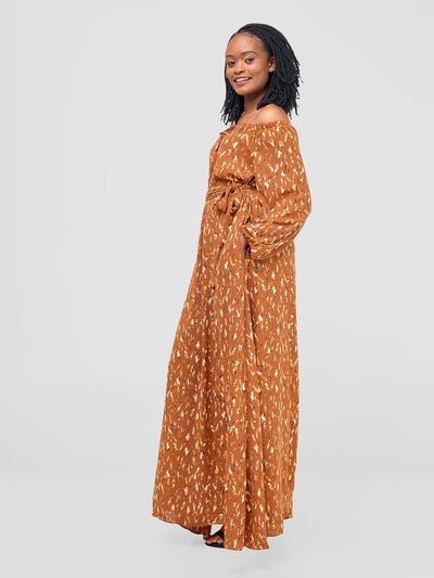 Vivo Zahari Off - Shoulder Maxi Dress - Rust / Black Print - Shopzetu