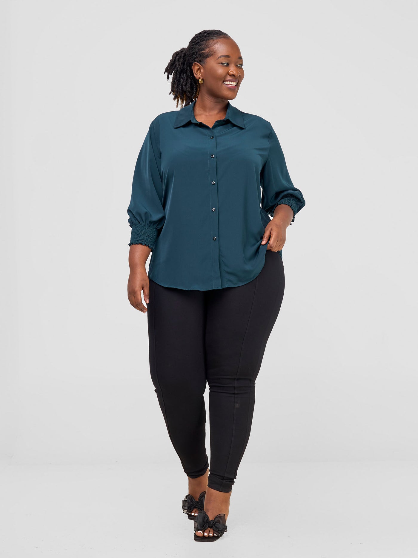 Vivo Fahari 3/4 Sleeve Shirred Shirt - Dark Green