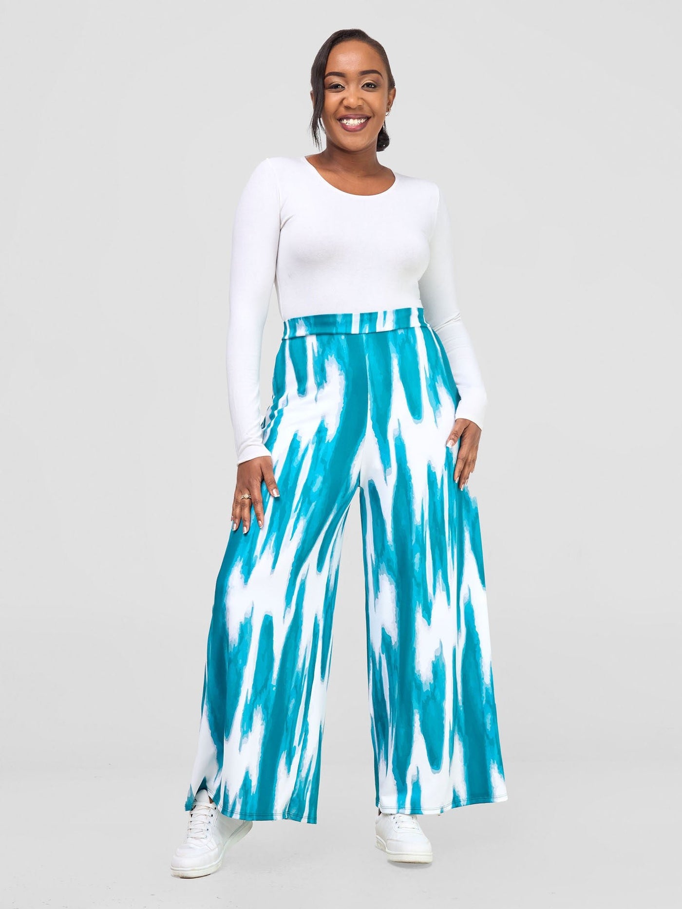 Nkasi Wide Leg Pants - White / Teal Shibori Print