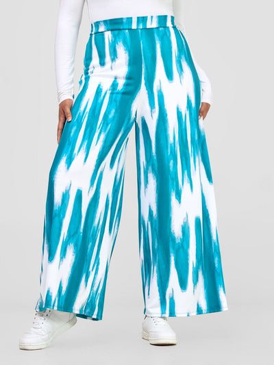 Nkasi Wide Leg Pants - White / Teal Shibori Print