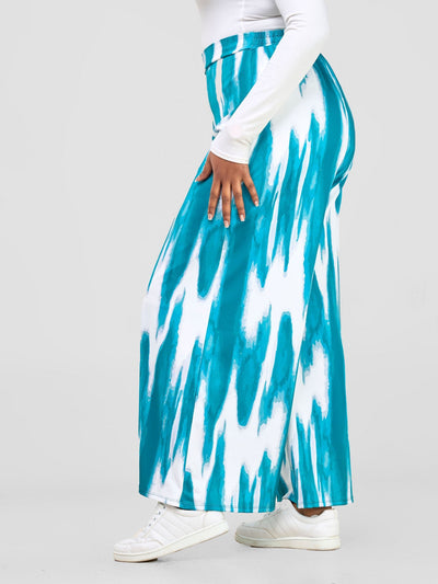 Nkasi Wide Leg Pants - White / Teal Shibori Print