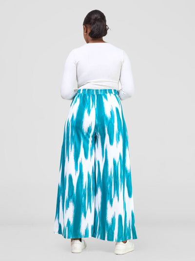 Nkasi Wide Leg Pants - White / Teal Shibori Print