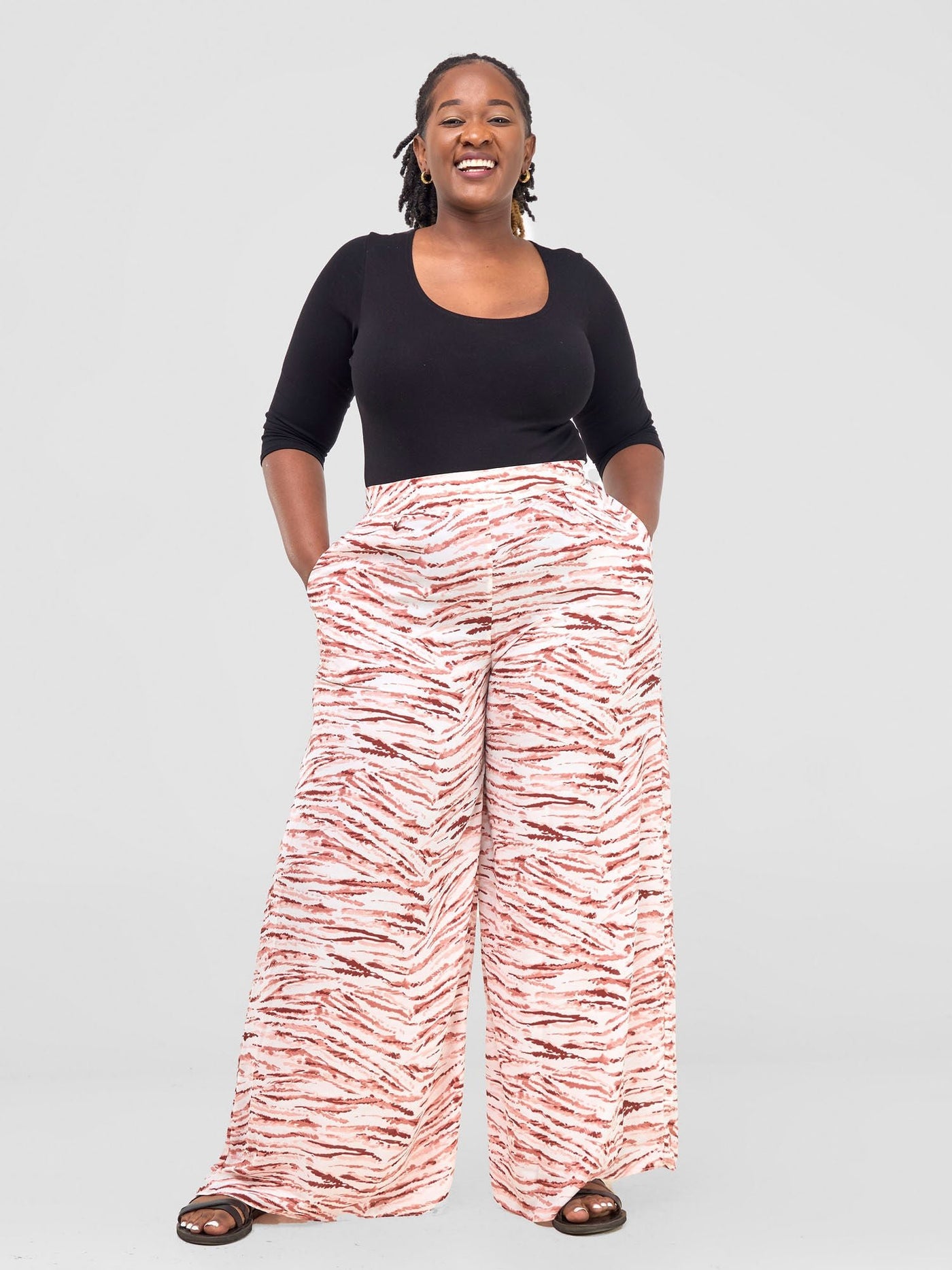 Vivo Basic Crepe Pants - Peach / White Print - Shopzetu