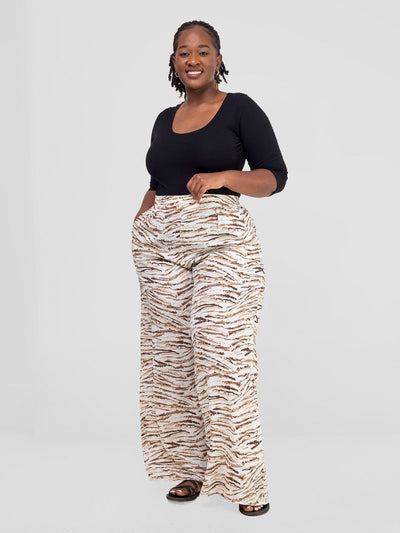 Vivo Basic Crepe Pants - Brown / White Print - Shopzetu