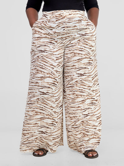 Vivo Basic Crepe Pants - Brown / White Print - Shopzetu