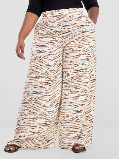 Vivo Basic Crepe Pants - Brown / White Print - Shopzetu