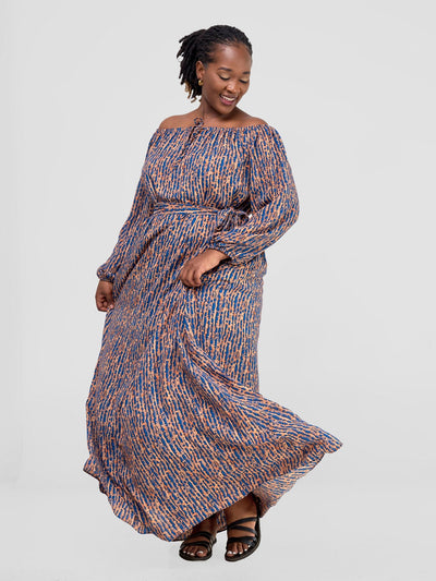 Vivo Zahari Off - Shoulder Maxi Dress - Rust / Blue Print - Shopzetu