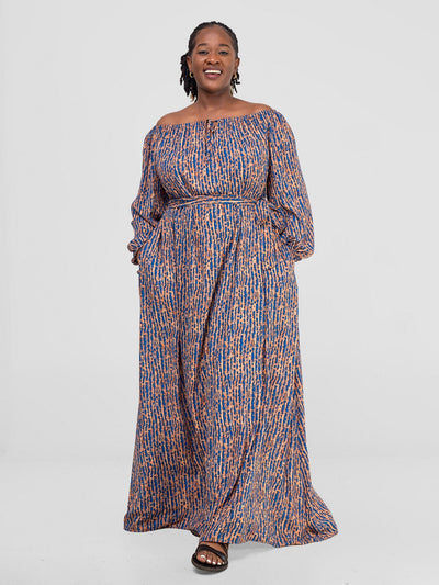 Vivo Zahari Off - Shoulder Maxi Dress - Rust / Blue Print - Shopzetu