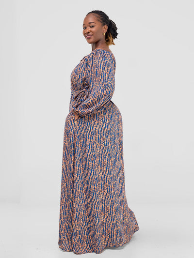 Vivo Zahari Off - Shoulder Maxi Dress - Rust / Blue Print - Shopzetu