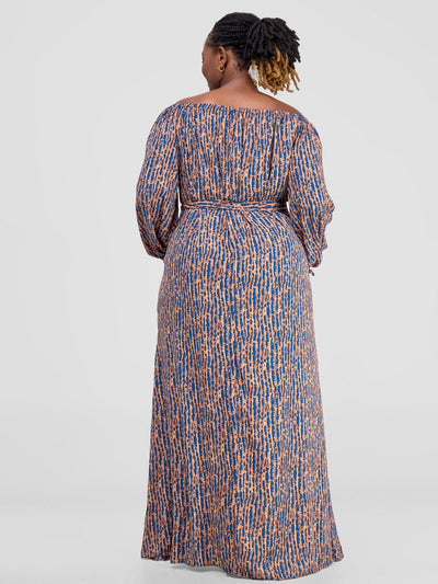 Vivo Zahari Off - Shoulder Maxi Dress - Rust / Blue Print - Shopzetu