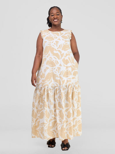 Vivo Ava Tent Flounce Maxi Dress - Taupe / White Print - Shopzetu