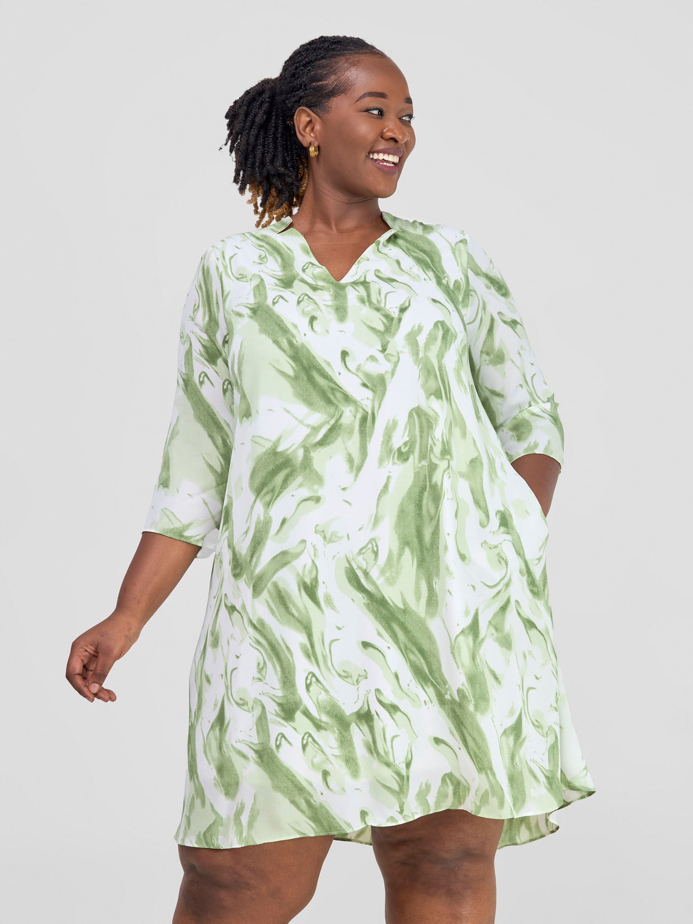 Vivo Pesi Notch Collar Tent Dress - Green / White Print