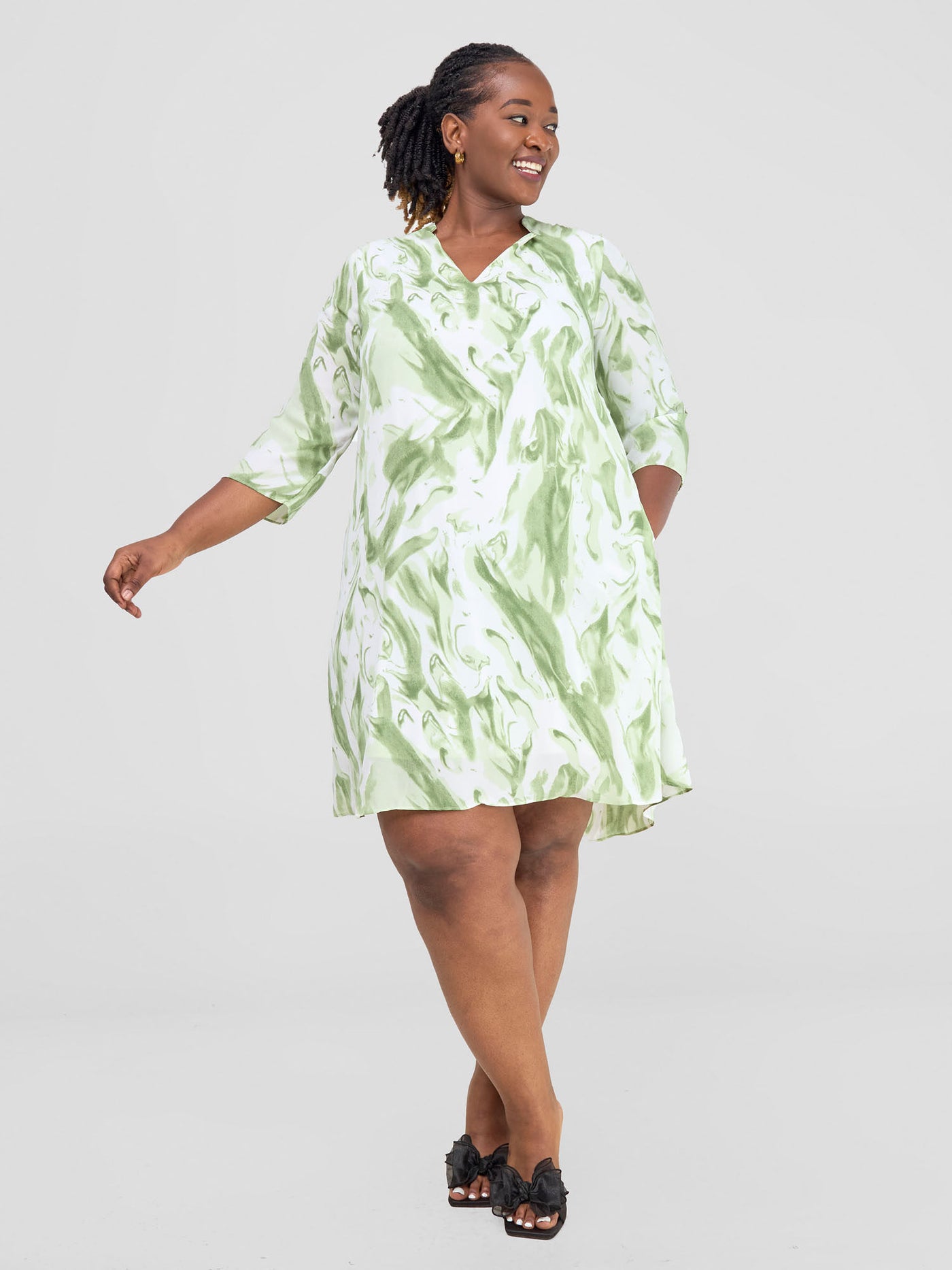 Vivo Pesi Notch Collar Tent Dress - Green / White Print