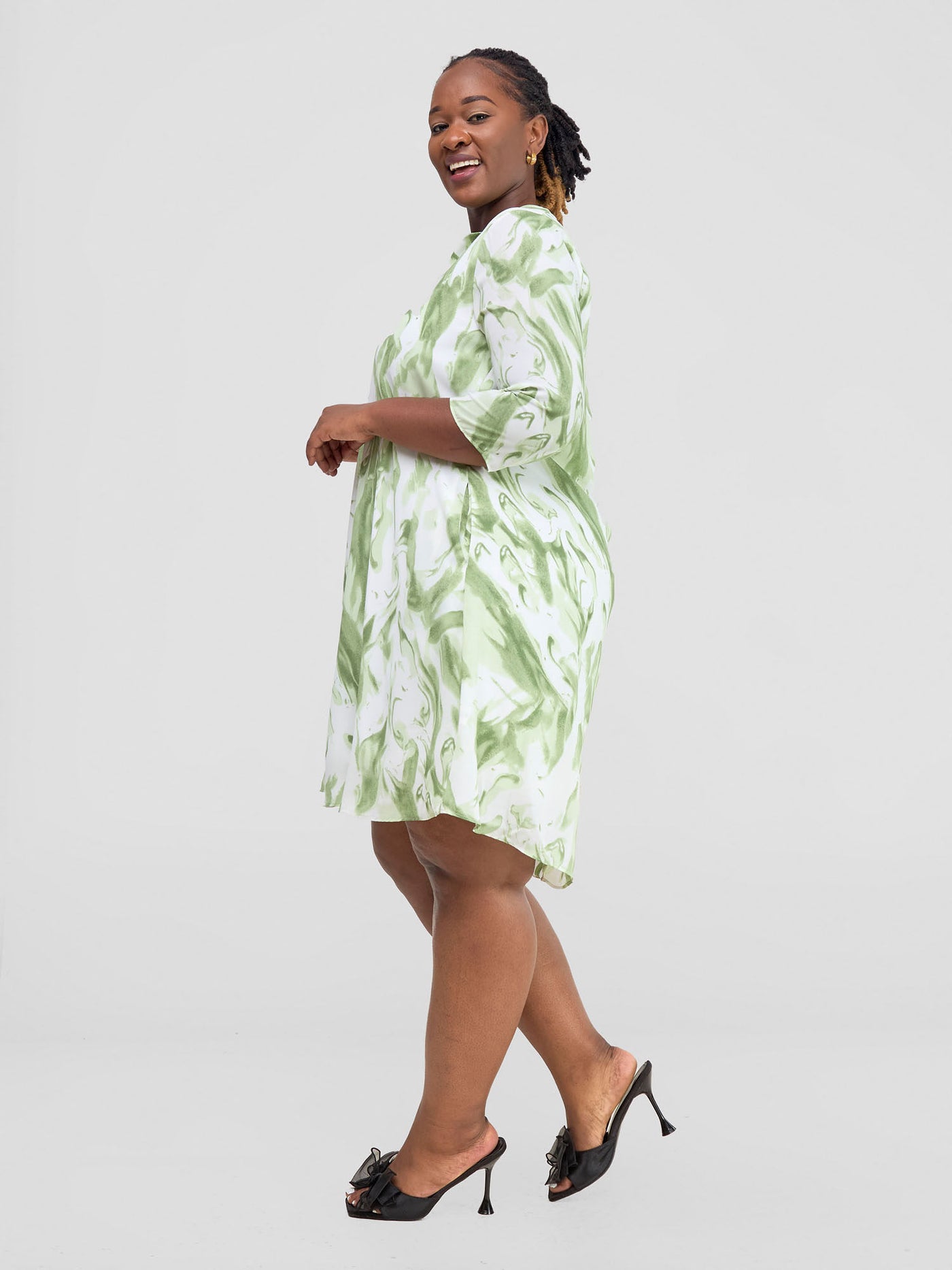 Vivo Pesi Notch Collar Tent Dress - Green / White Print