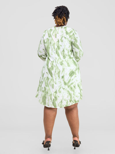 Vivo Pesi Notch Collar Tent Dress - Green / White Print