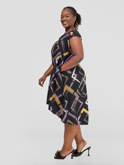 Jema High Low Tent Dress - Black / Purple Print