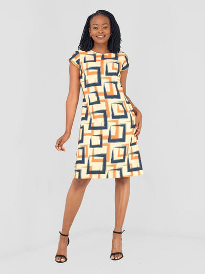 Vivo Pendo Cap Sleeve Shift Dress - Navy / Orange Geo Print - Shopzetu