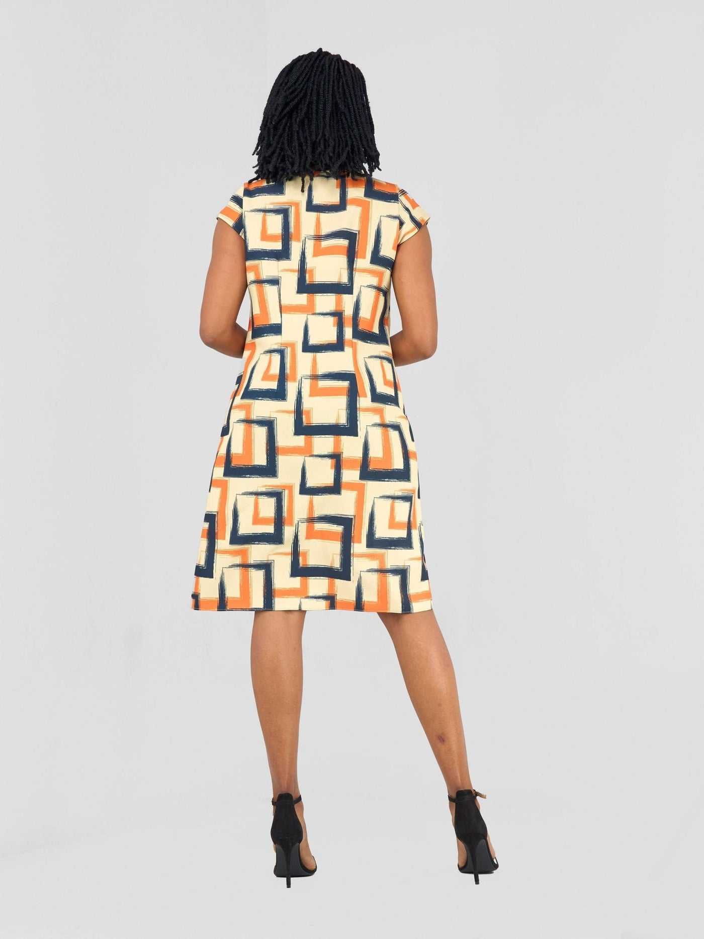 Vivo Pendo Cap Sleeve Shift Dress - Navy / Orange Geo Print - Shopzetu