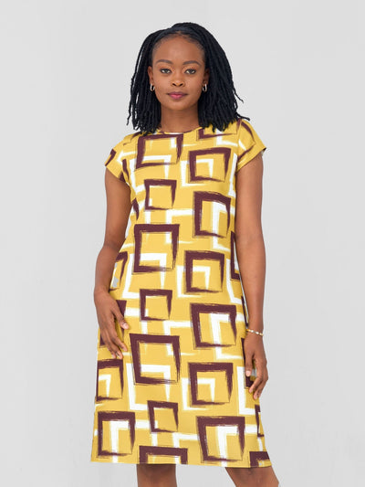 Vivo Pendo Cap Sleeve Shift Dress - Mustard / Burgundy Geo Print - Shopzetu