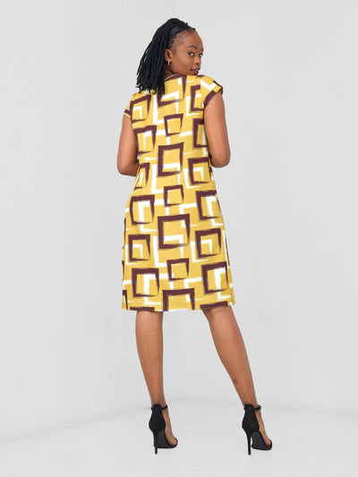 Vivo Pendo Cap Sleeve Shift Dress - Mustard / Burgundy Geo Print - Shopzetu