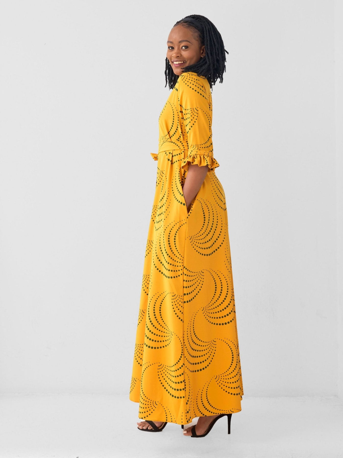 Vivo Nasinka Maxi Shirt Dress - Mustard / Green Sinka Print - Shopzetu