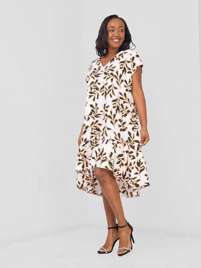 Vivo Asha Drop Shoulder Knee Length Dress - White / Black Floral Print - Shopzetu