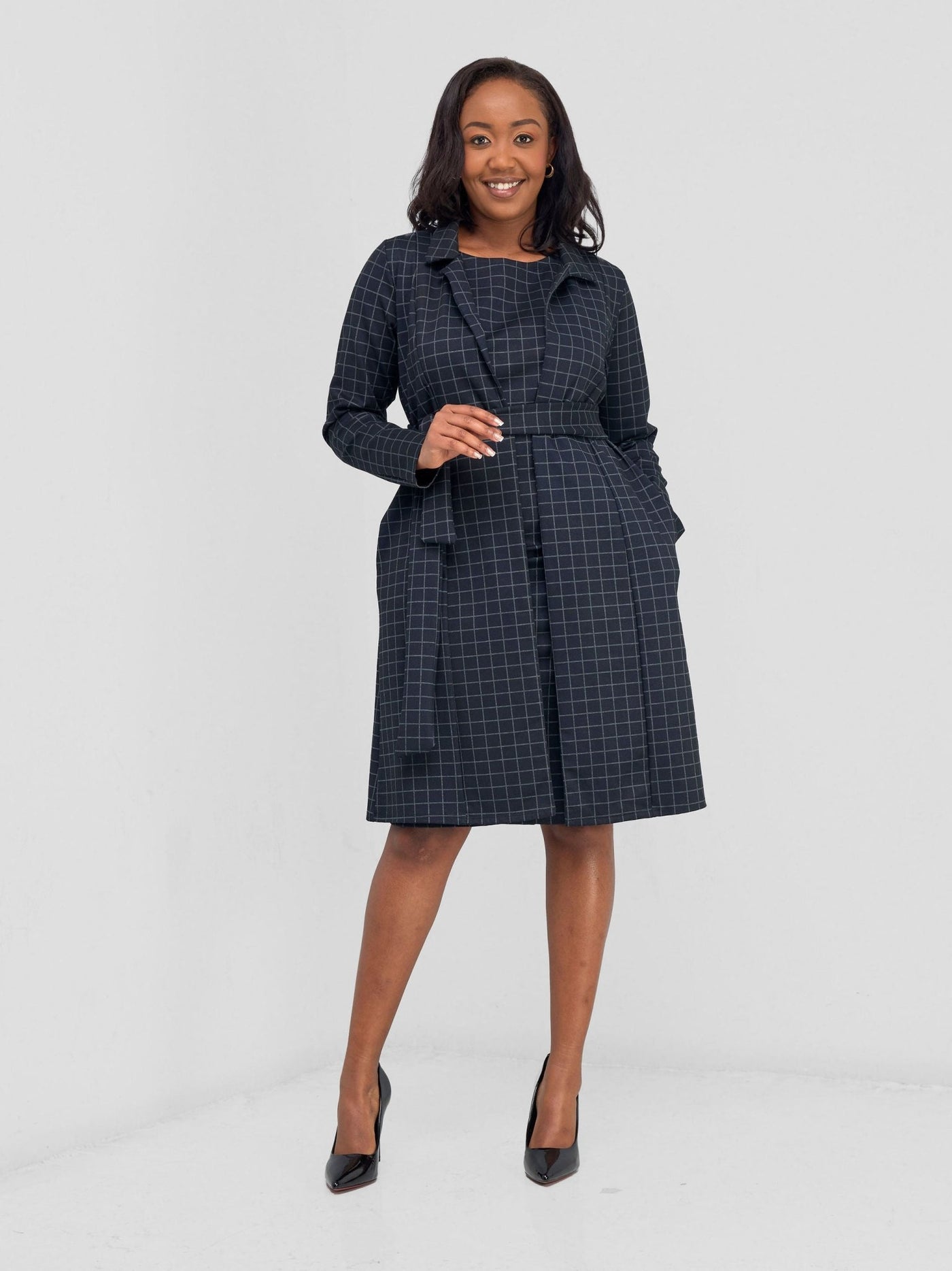 Vivo Paji Trench Coat - Navy Checkered Print - Shopzetu