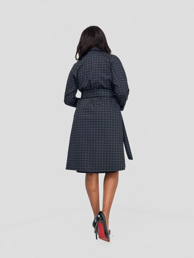 Vivo Paji Trench Coat - Navy Checkered Print - Shopzetu