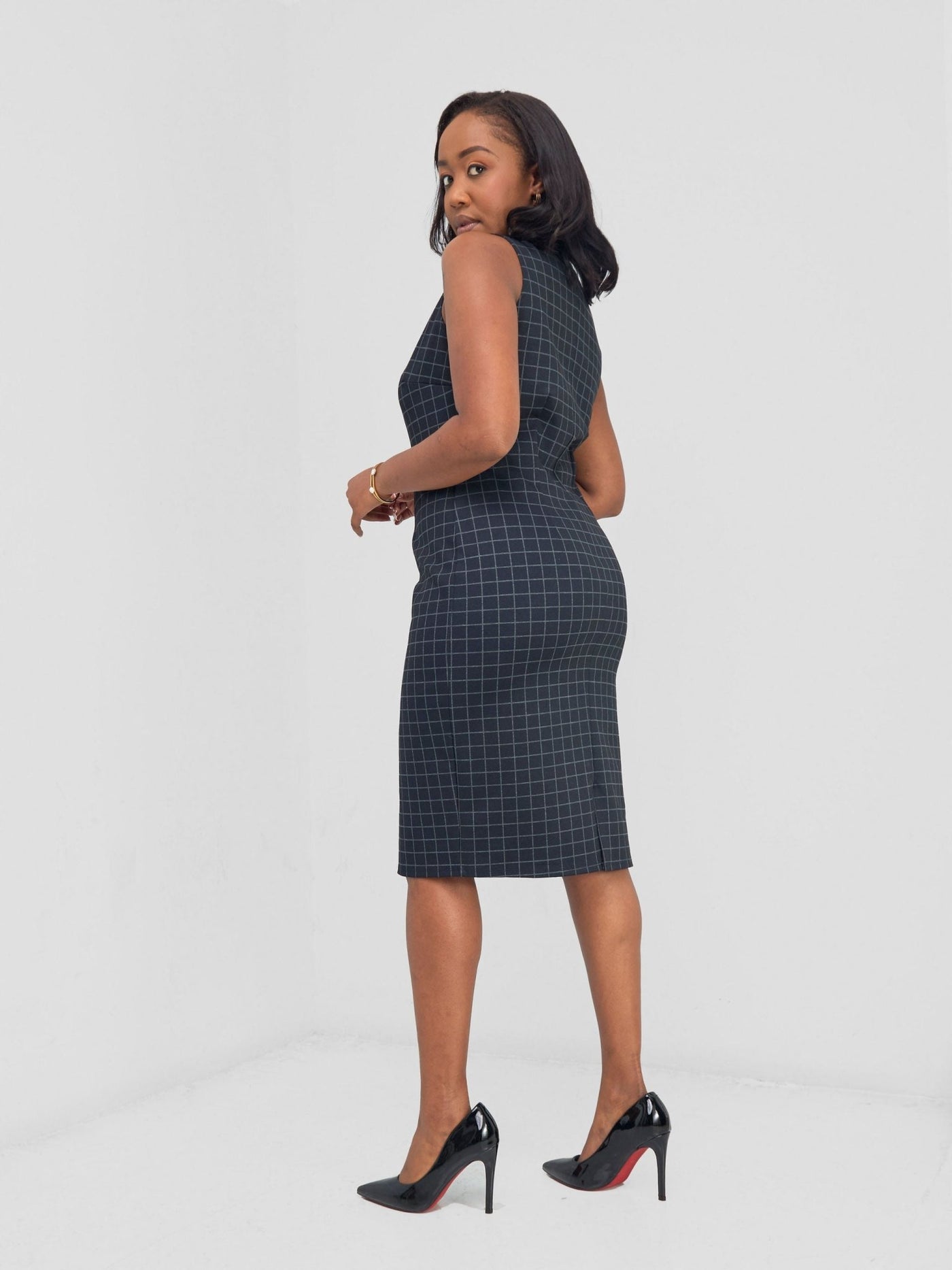 Vivo Paji Boat Neck Sheath Dress - Navy Checkered Print - Shopzetu