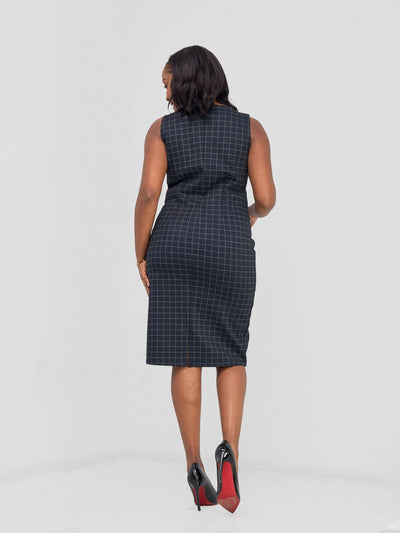 Vivo Paji Boat Neck Sheath Dress - Navy Checkered Print - Shopzetu