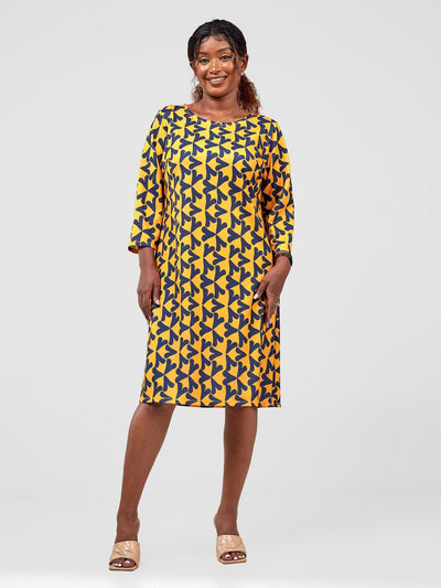 Vivo Tatili 3/4 Sleeve A Line Dress - Mustard / Navy Zawi Print - Shopzetu