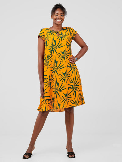 Vivo Sierra Cap Sleeve Tent Chiffon Dress - Mustard / Green Print - Shopzetu