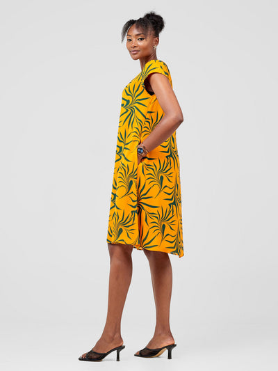 Vivo Sierra Cap Sleeve Tent Chiffon Dress - Mustard / Green Print - Shopzetu