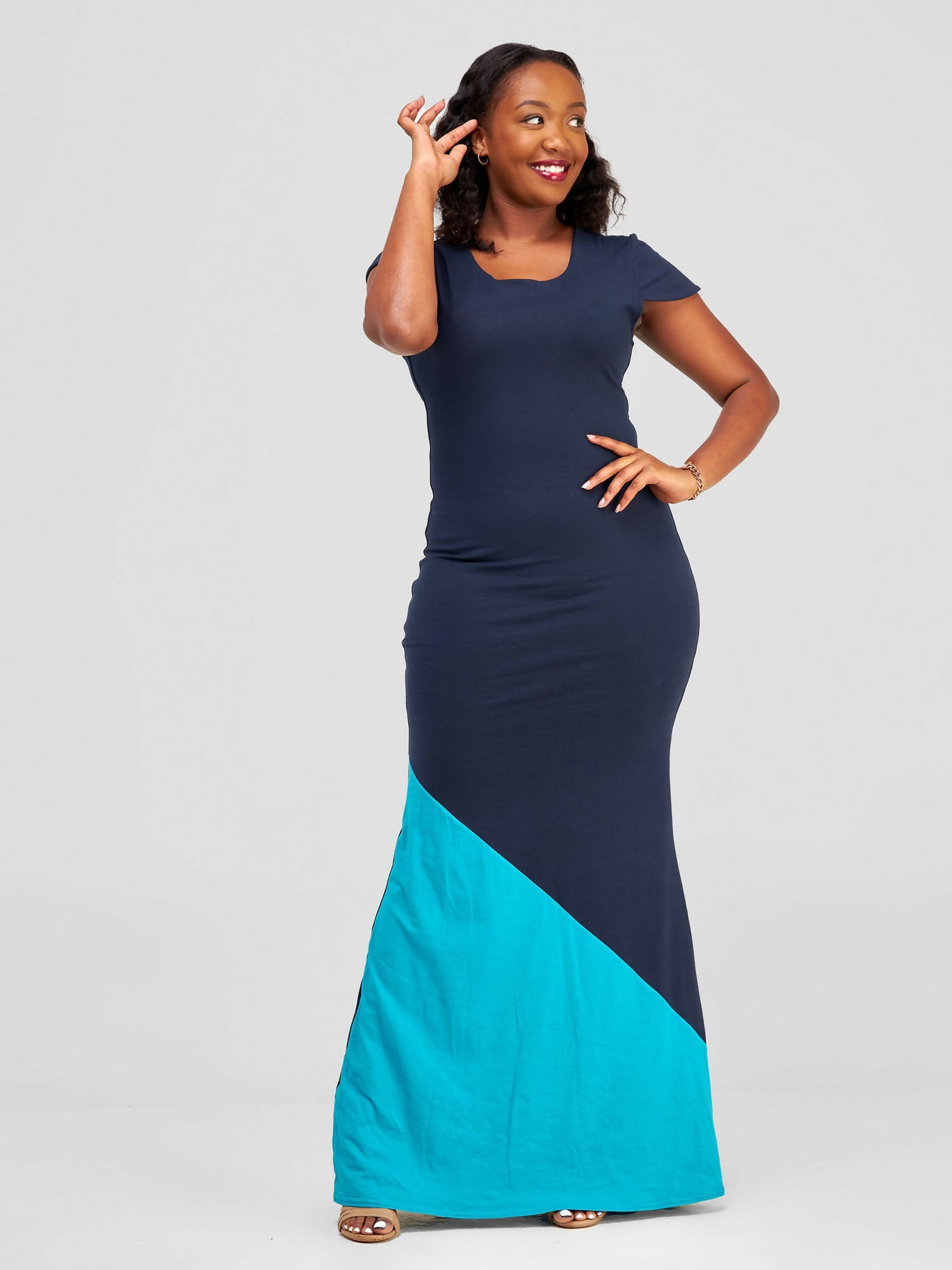 Tuli Aimani Colour Block Jersey Maxi Dress - Navy Blue / Aqua